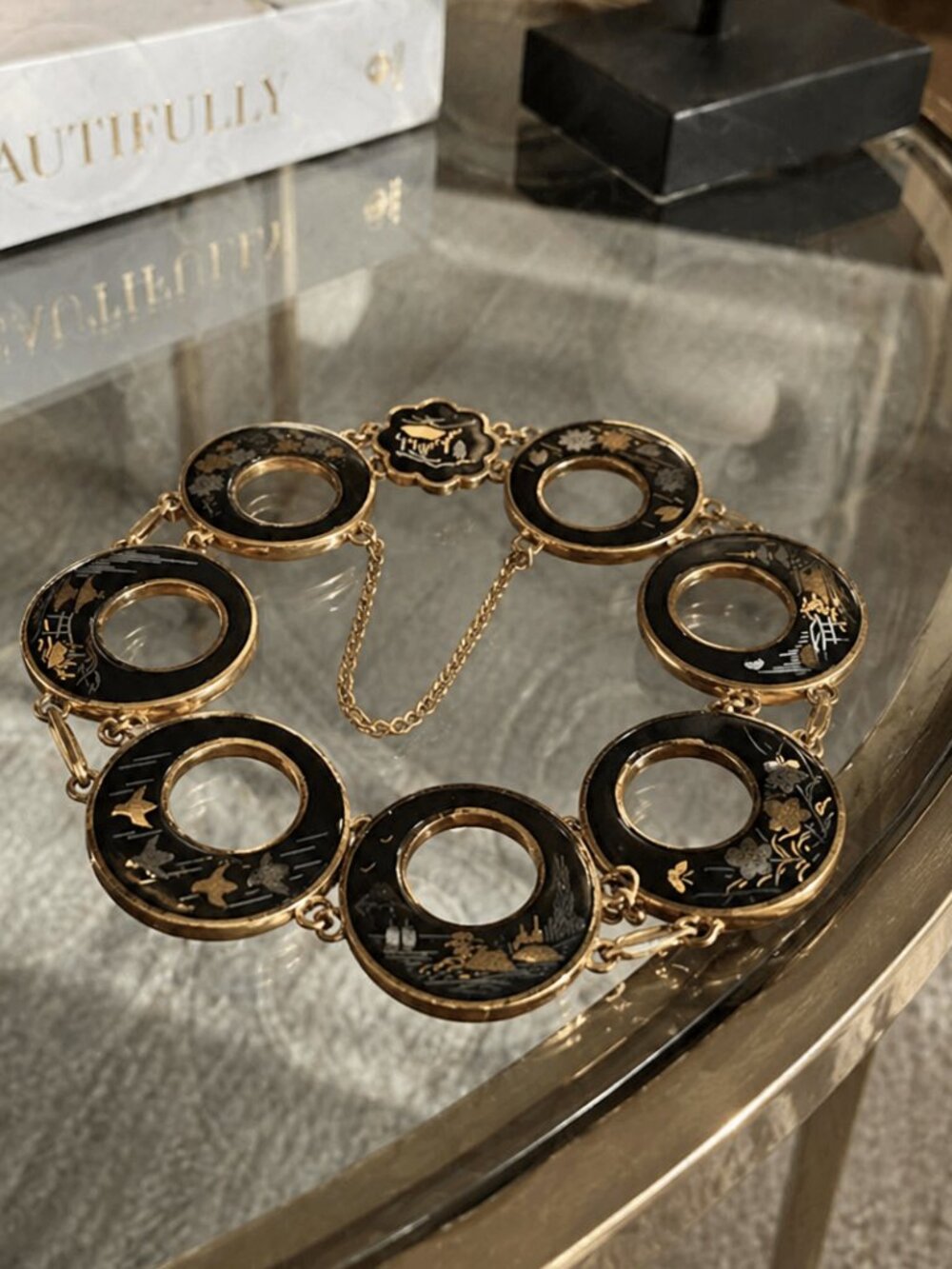 VINTAGE JAPANESE Damascene Bracelet Kyoto Gold Inlay 24K Silver Black Panel RARE